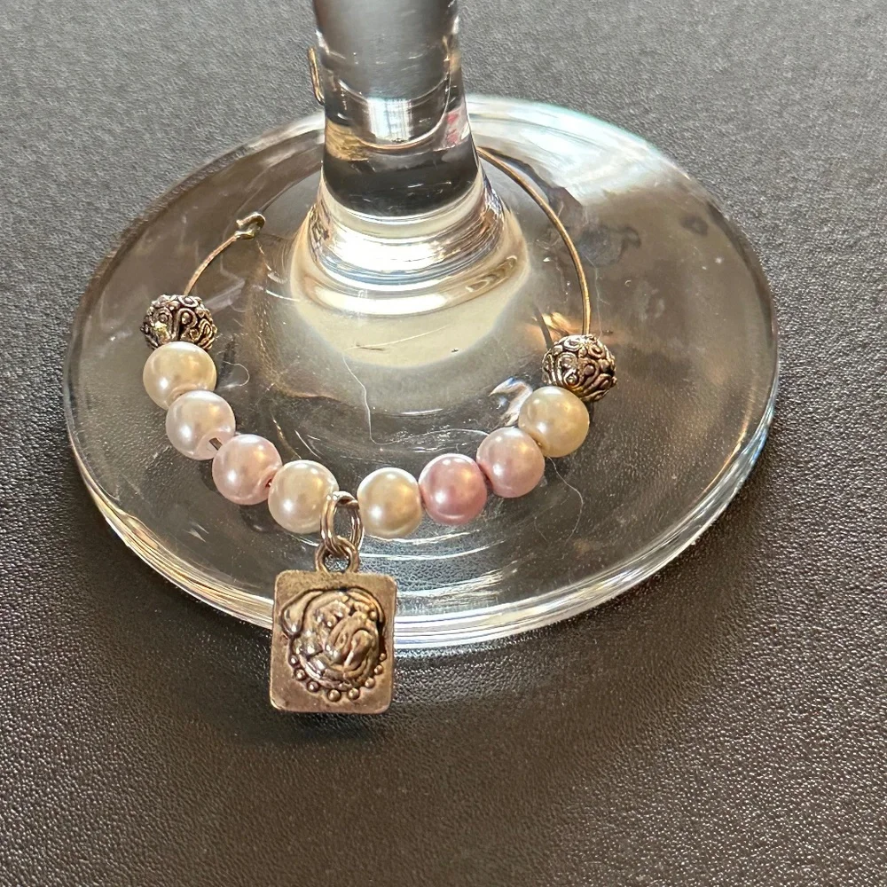 Wine glass tag stainless steel hoop pink/white/metal beads, dog charm